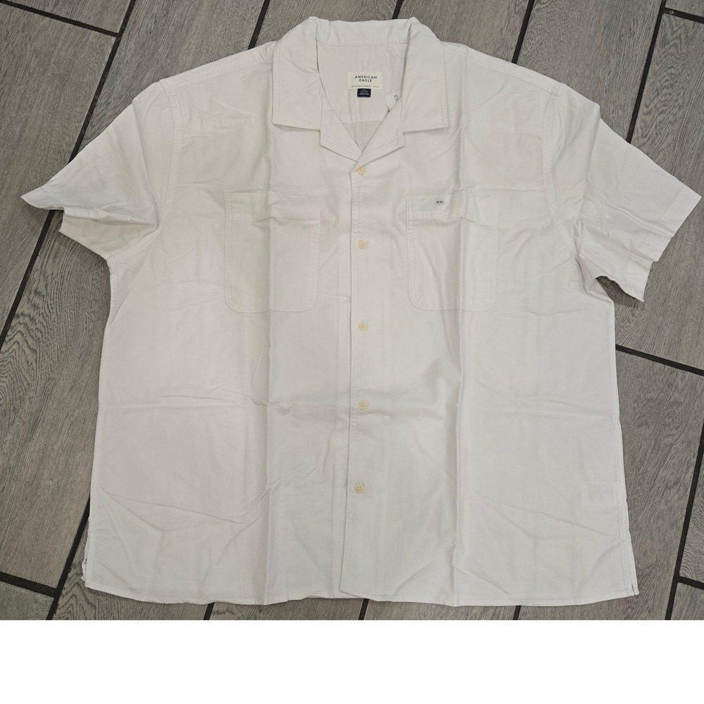 American Eagle Mens XXL White Short Sleeve Camp Collar Button Up Shirt NWT
